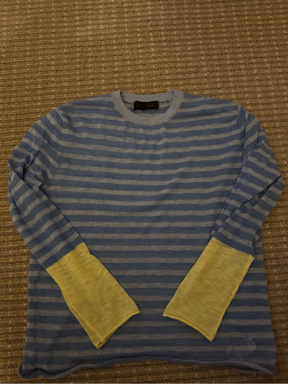 Zara Blue and Light Gray Striped Long-Sleeve Crewneck with Yellow Cuffs